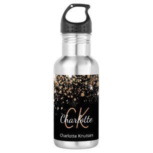 Schwarzes Gold Glitzer Monogramm Name Funkeln Edelstahlflasche