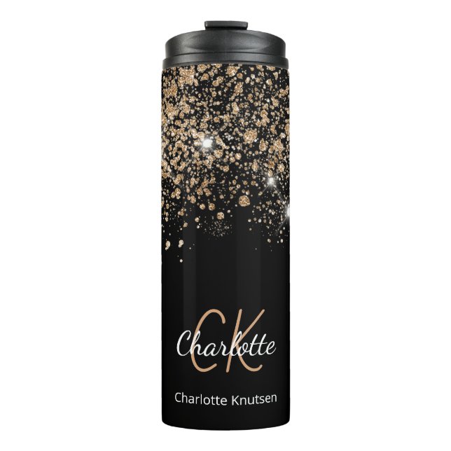 Schwarzes Gold Glitzer Monogramm Name Funkeln Thermosbecher (Vorderseite)