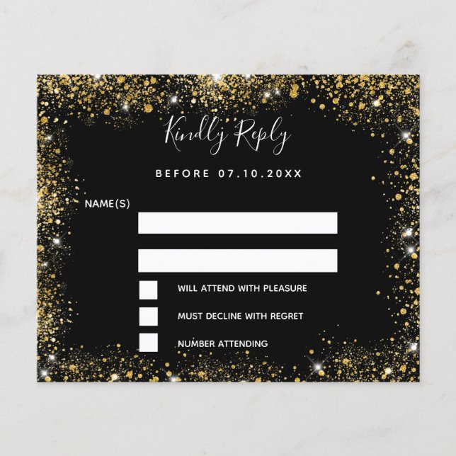 Schwarzes Gold Glitzern Hochzeit RSVP (Vorderseite)