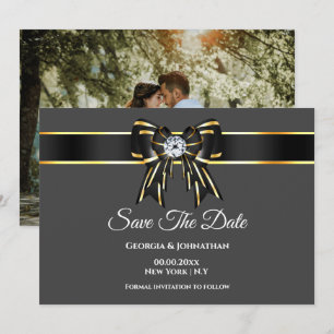 Schwarzes Gold graue Satinschleife Diamant mit Fot Save The Date