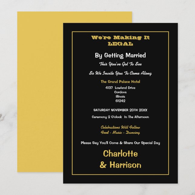 Schwarzes Gold informelle Hochzeit Einladung (Vorne/Hinten)