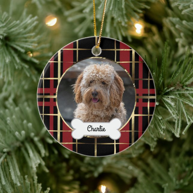 Schwarzes Gold Kariertes Puppy-Hund-Foto Keramik Ornament (Baum)