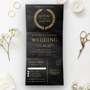 Schwarzes Gold Lorbeer Minimal All-in-One Hochzeit Dreifach Gefaltete Einladung