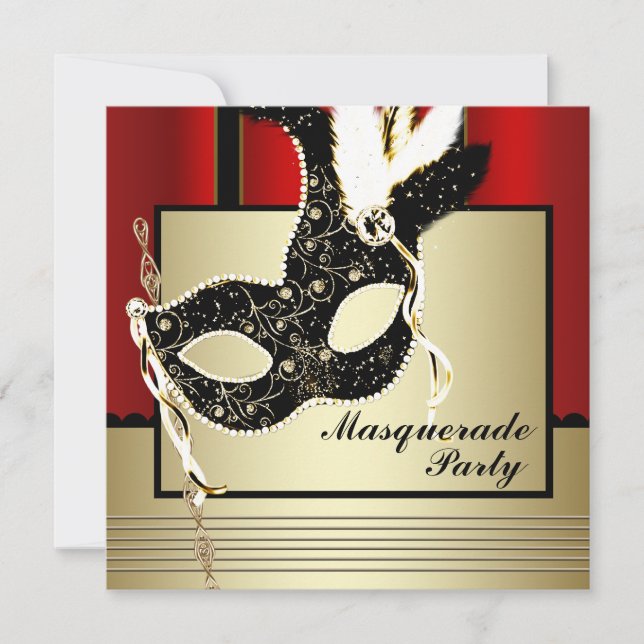 Schwarzes Gold Maske Rotes Schwarzes Party Einladung (Vorderseite)