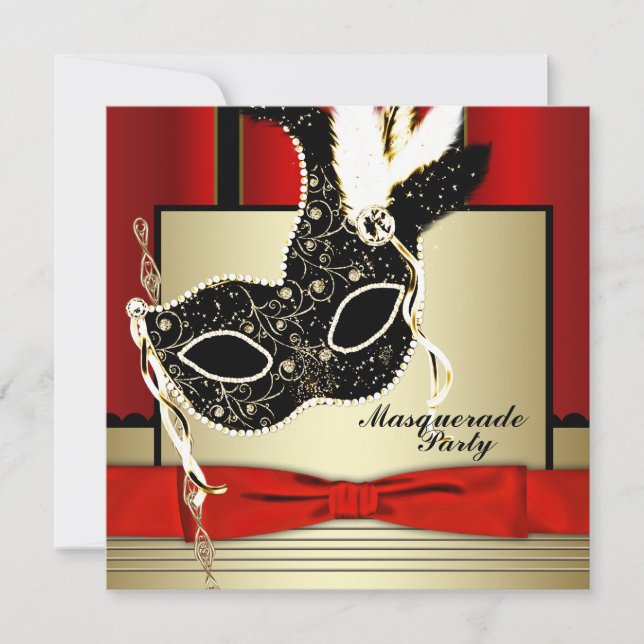 Schwarzes Gold Maske Rotes Schwarzes Party Einladung (Vorderseite)
