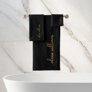 Schwarzes Gold Minimalistische Skriptsignatur Mono Badhandtuch Set