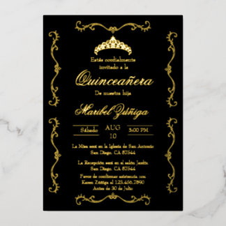 Schwarzes Gold mit Kranz Quinceanera Einladung