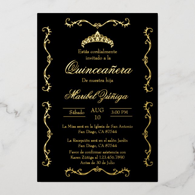Schwarzes Gold mit Kranz Quinceanera Einladung (Vorderseite)