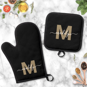Schwarzes Gold Modernes Namensmonogramm Ofenhandschuh & Topflappen-Set