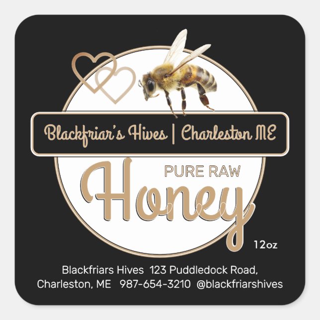 Schwarzes Gold Modernes Script Honey mit Honeybee Quadratischer Aufkleber (Vorderseite)