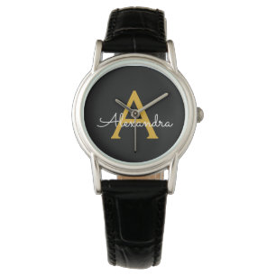 Schwarzes Gold Modernes Skript Girly-Monogramm Nam Armbanduhr