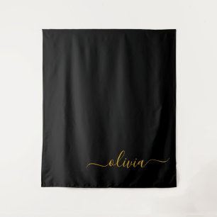 Schwarzes Gold Modernes Skript Girly Monogramm Nam Wandteppich
