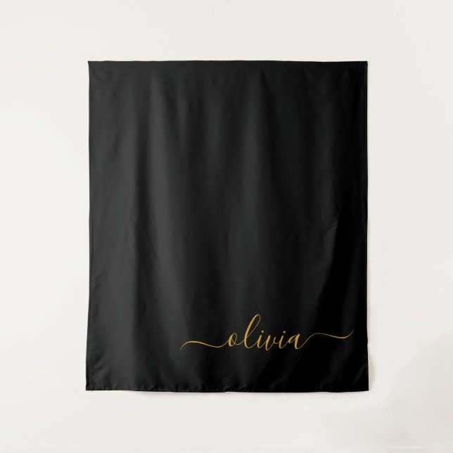 Schwarzes Gold Modernes Skript Monogramm Name Wandteppich (Vorderseite)