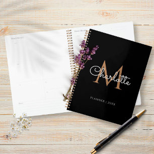 Schwarzes Gold Monogram Elegant Girly Schrift 2023 Planer