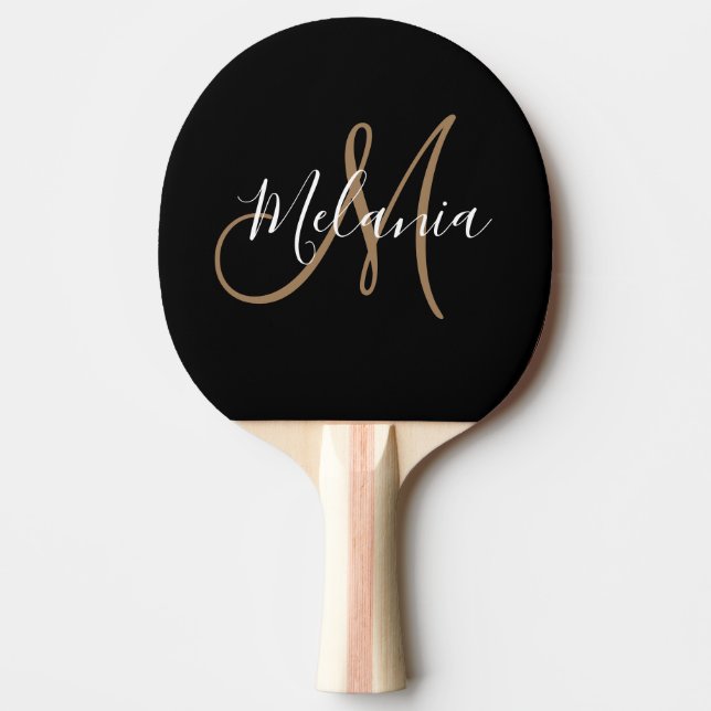 Schwarzes Gold Monogram Elegant Stilvolles Skriptp Tischtennis Schläger (Vorderseite)