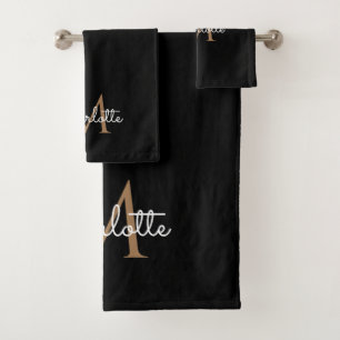 Schwarzes Gold Monogram Elegante Mädchenhandschrif Badhandtuch Set