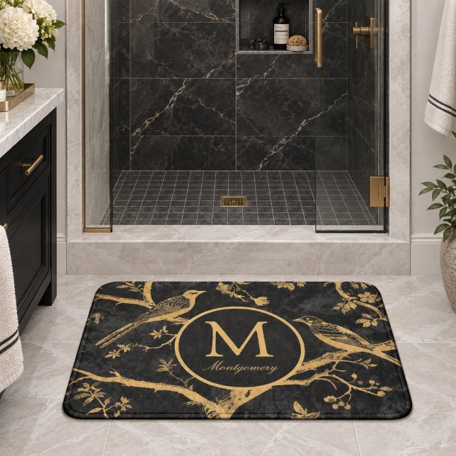 Schwarzes Gold Monogramm  Badematte (elegant chic black and gold birds toile style bath mat with custom monogram initial and family name)