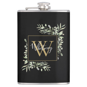 Schwarzes Gold-Monogramm Grünpflanzen-Blumenmuster Flachmann