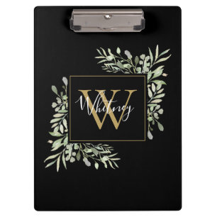 Schwarzes Gold-Monogramm Grünzeug Floral Klemmbrett