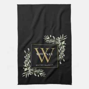 Schwarzes Gold-Monogramm-Grünzeug-Wasserfarben-Blä Geschirrtuch