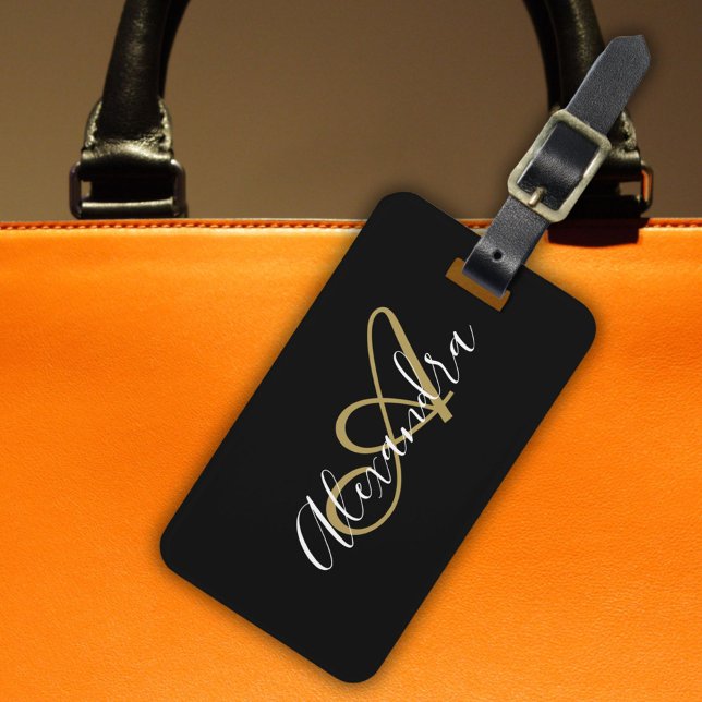 Schwarzes Gold-Monogramm-Skript-Name-Reise Gepäckanhänger (Elegant Black Gold Monogram Script Name Stylish Luggage Tag)