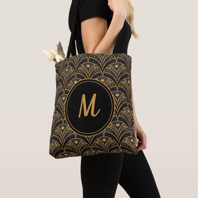 Schwarzes Gold Muster Art Deco Monogram personalis Tasche (Von Nahem)