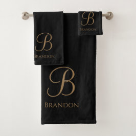 Schwarzes Gold personalisierter Name und Monogramm Badhandtuch Set