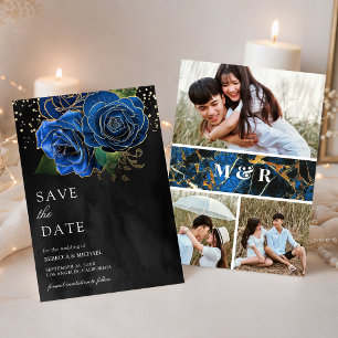 Schwarzes Gold Royal Blau Florales Foto Collage Ho Save The Date