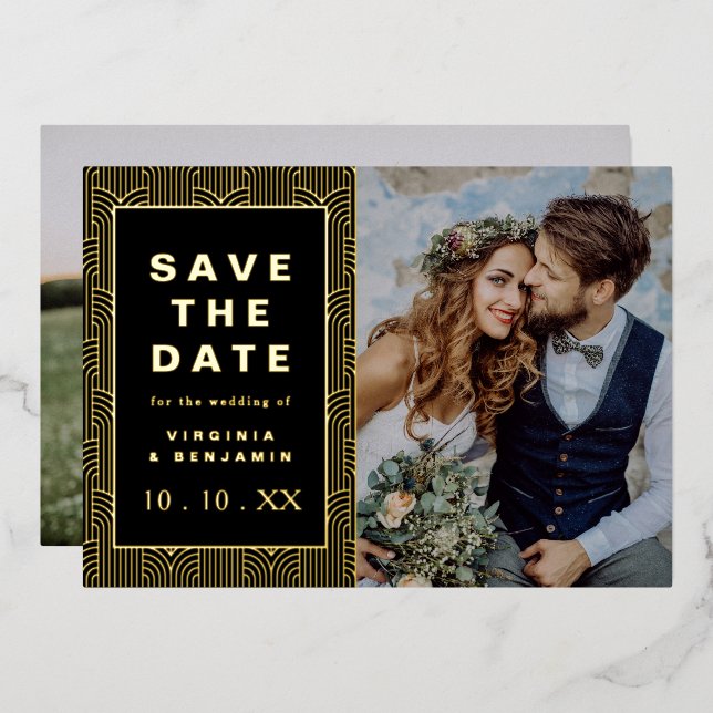 Schwarzes Gold Save the Date Fotolack Folieneinladung (Vorderseite/Rückseite)