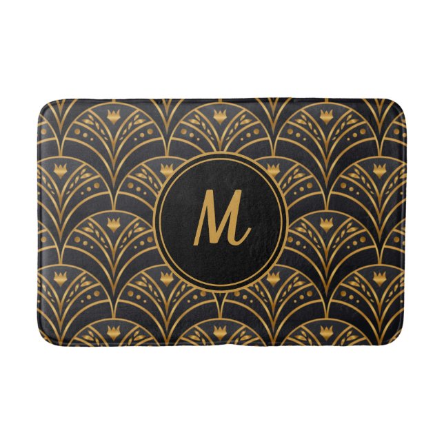 Schwarzes Gold Scallop Muster Art Deco Monogramm Badematte (Vorderseite)