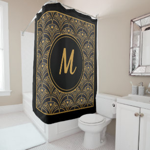 Schwarzes Gold Scallop Muster Art Deco Monogramm Duschvorhang