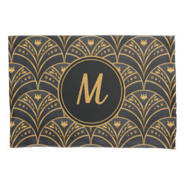 Schwarzes Gold Scallop Muster Art Deco Monogramm Kissenbezug