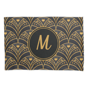 Schwarzes Gold Scallop Muster Art Deco Monogramm Kissenbezug