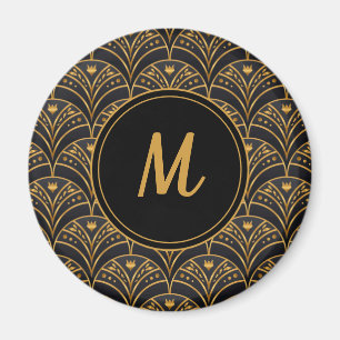 Schwarzes Gold Scallop Muster Art Deco Monogramm Magnet