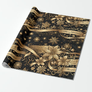 Schwarzes Gold-Schneeflocken-Glanz-Blumen-Weihnach Geschenkpapier
