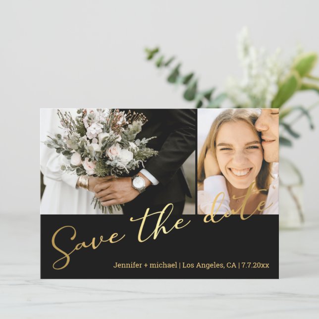Schwarzes Gold-Script-2-Foto-Save the Date-Karte Mitteilungskarte (Stehend Vorderseite)