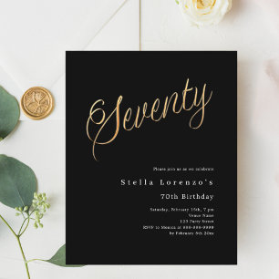 Schwarzes Gold-Script-Budget 70. Geburtstagseinlad