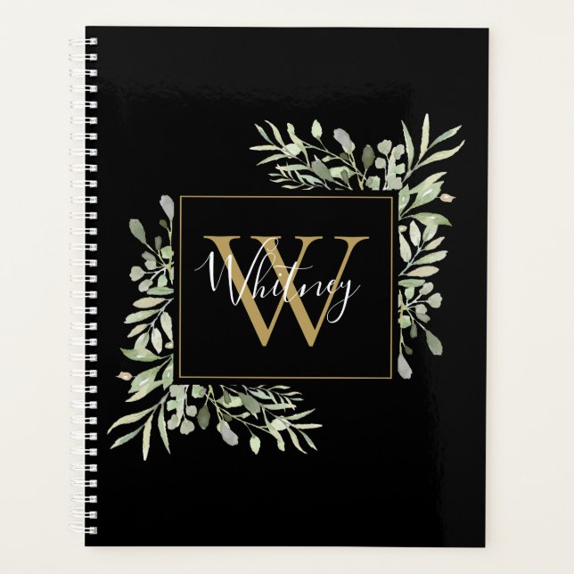 Schwarzes Gold Script Monogram Greenery Floral Planer (Vorderseite)