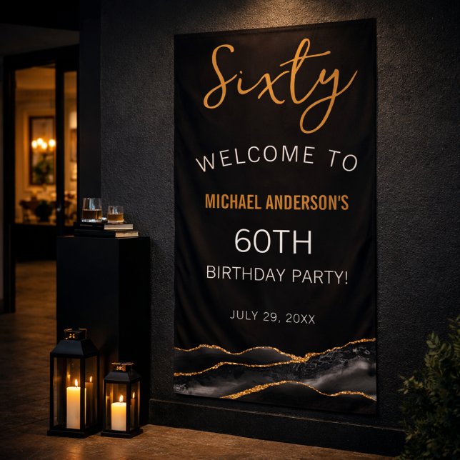 Schwarzes Gold Sechzigster Geburtstag Schild (Wall-mounted look, no grommets needed or choose metal grommets for easy hanging)