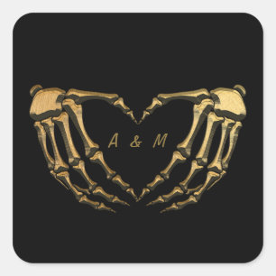 Schwarzes Gold Skelett Gothic Hands Liebe Herzform Quadratischer Aufkleber