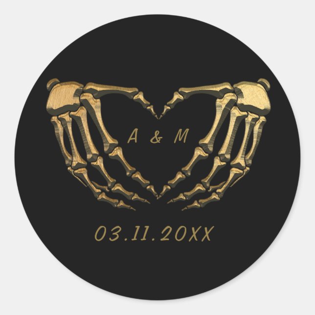 Schwarzes Gold Skelett Gothic Hands Liebe Herzform Runder Aufkleber (Vorderseite)