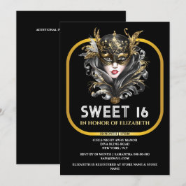 Schwarzes Gold süße 16 masquerade Mädchen Gesicht  Einladung