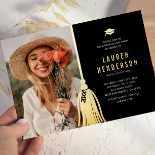Schwarzes Gold Tassel Foto Abschlussfeier Folie In Folieneinladung
