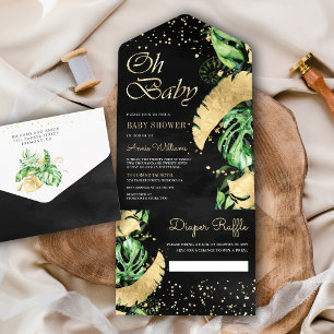 Schwarzes Gold Tropical Monstera Palm Baby Shower All In One Einladung