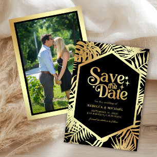 Schwarzes Gold Tropical Palm Hochzeitsfoto Save The Date