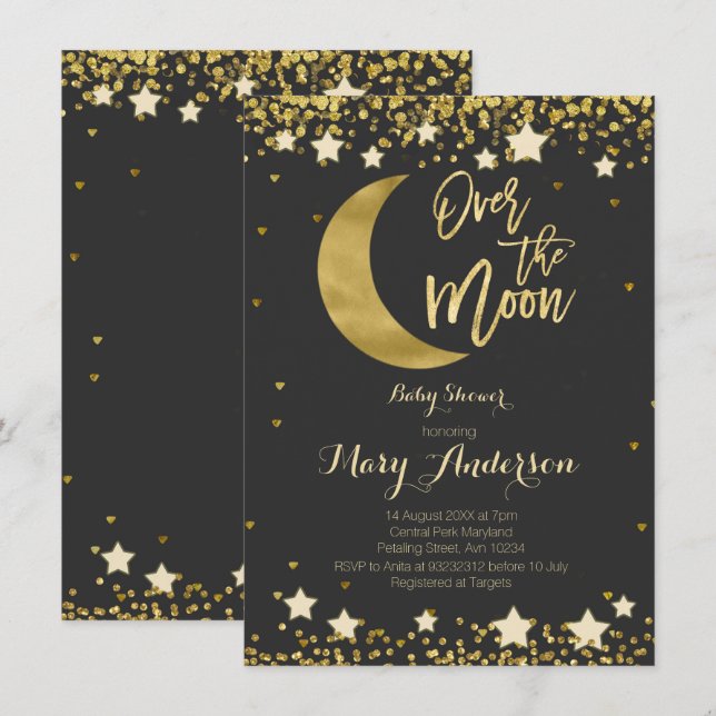 Schwarzes Gold über der Mond-Baby-Dusche Einladung (Vorne/Hinten)