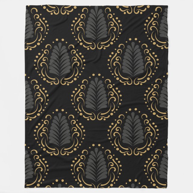Schwarzes Gold und Gray-Stilisierte Damaskus-Muste Fleecedecke (Vorderseite)