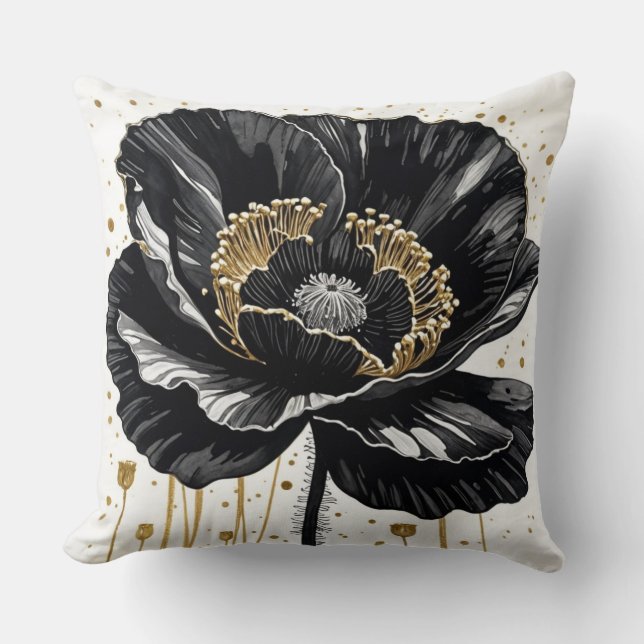 Schwarzes Gold und weißes Mohn Kissen (Vorderseite)