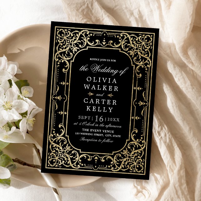 Schwarzes Gold verziert romantische Hochzeit Einladung (Black gold elegant ornate romantic vintage wedding invitation)