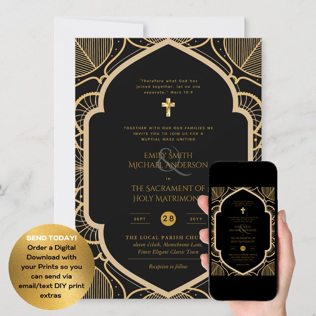 Schwarzes Gold Verzierte katholische Hochzeit der  Einladung (Von Creator hochgeladen)